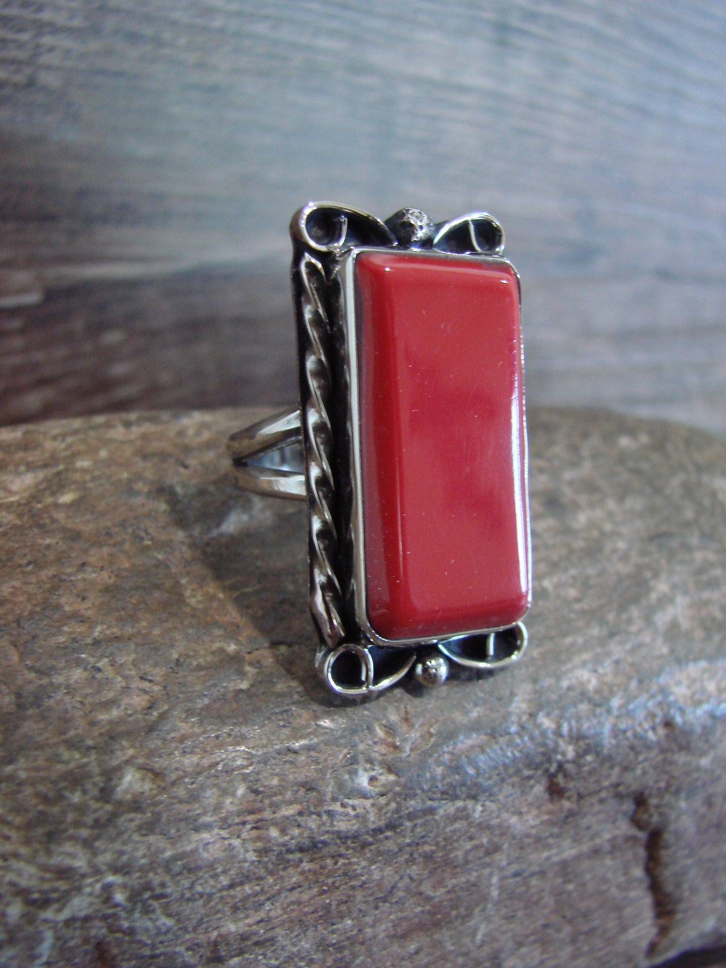 Native American Nickel Silver & Coral Ring Size 9 - Cleveland
