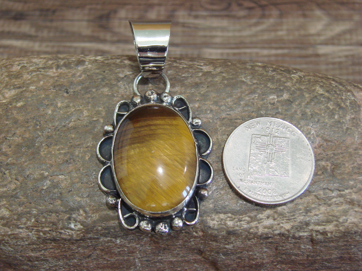 Native American Navajo Nickel Silver & Tiger Eye Pendant - Cleveland