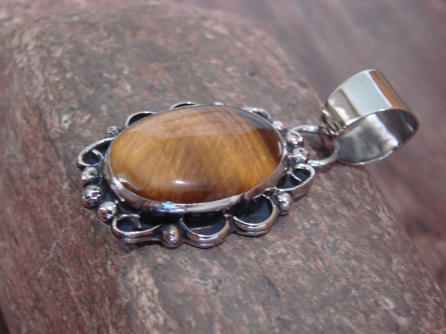 Native American Navajo Nickel Silver & Tiger Eye Pendant - Cleveland