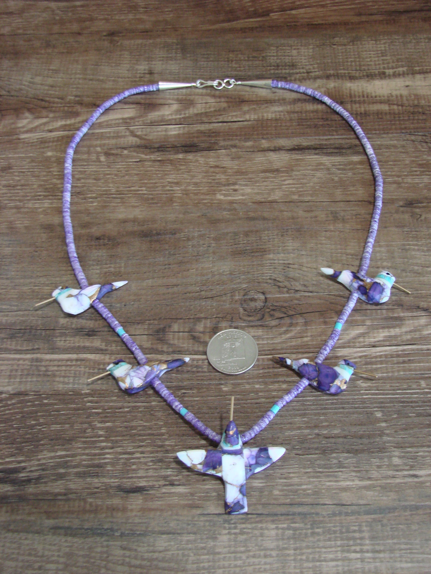 Hand Carved Bronze Purple Turquoise Aggregate Hummingbird Fetish Necklace - Mitchell