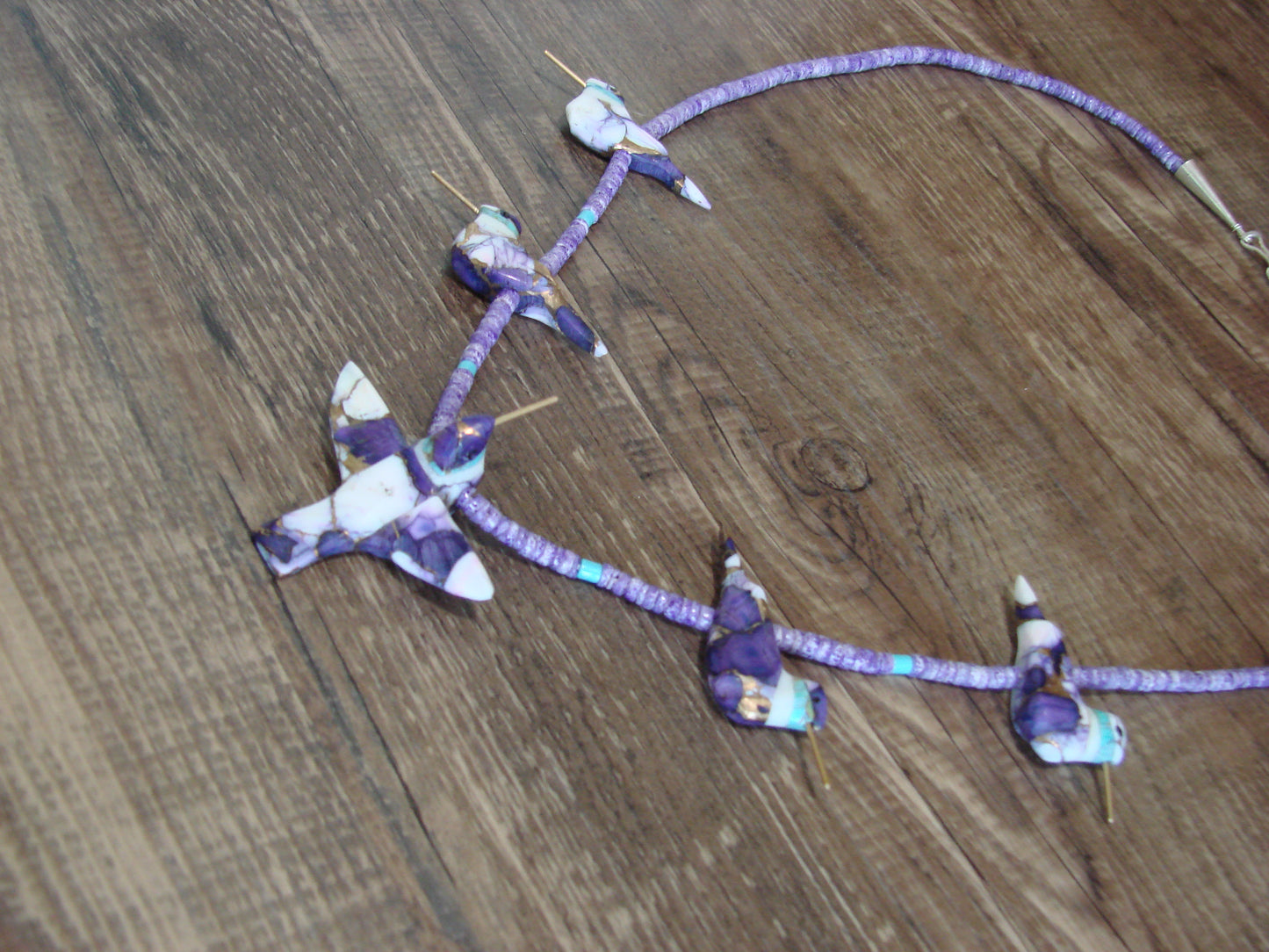 Hand Carved Bronze Purple Turquoise Aggregate Hummingbird Fetish Necklace - Mitchell