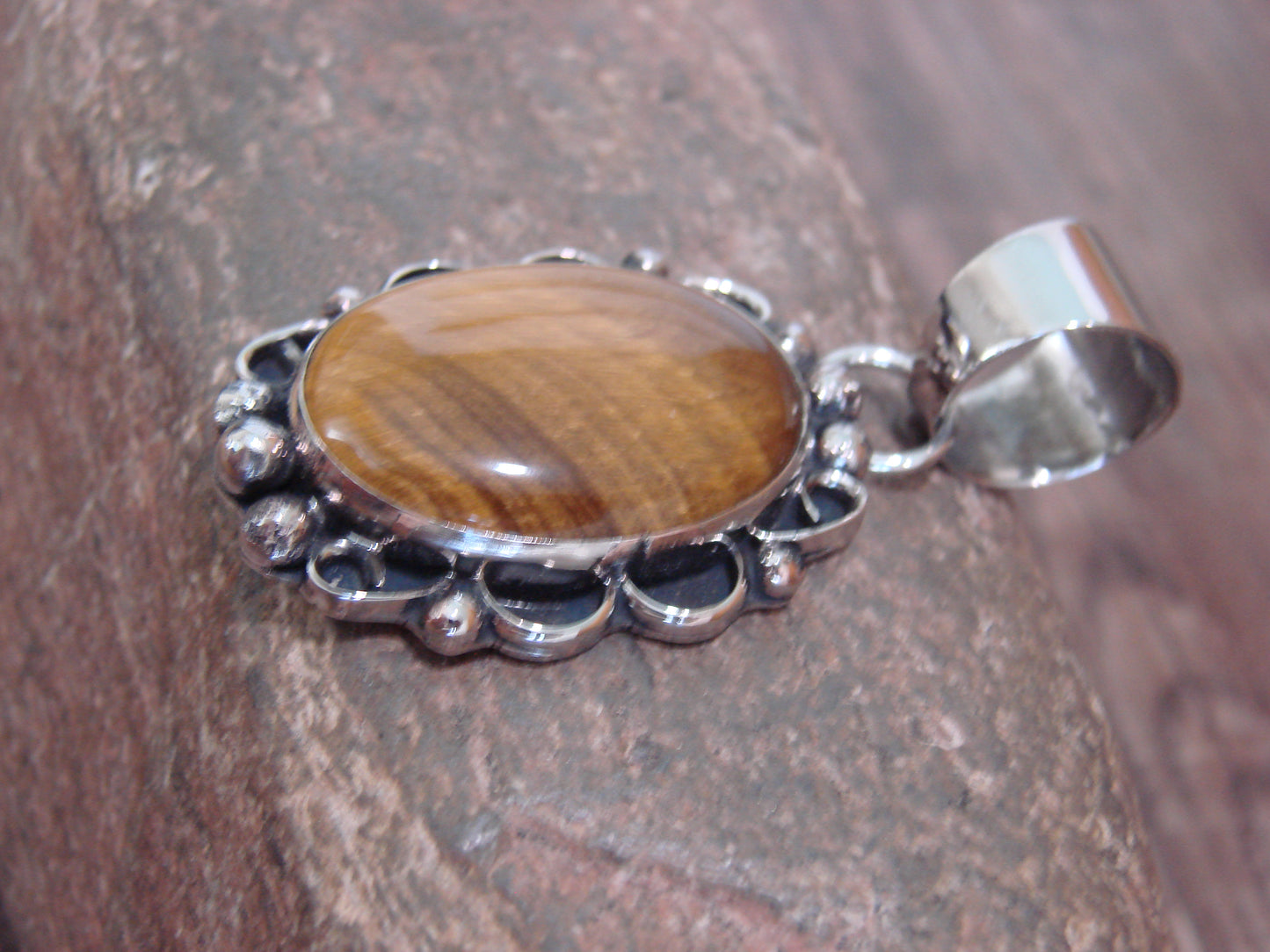 Native American Navajo Nickel Silver & Tiger Eye Pendant - Cleveland