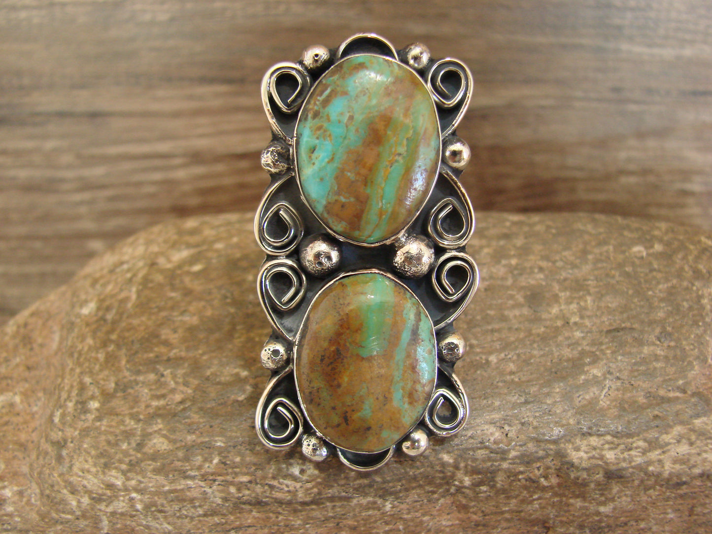 Native American Nickel Silver & Turquoise Adjustable Ring by Cleveland - Size 8 - 10