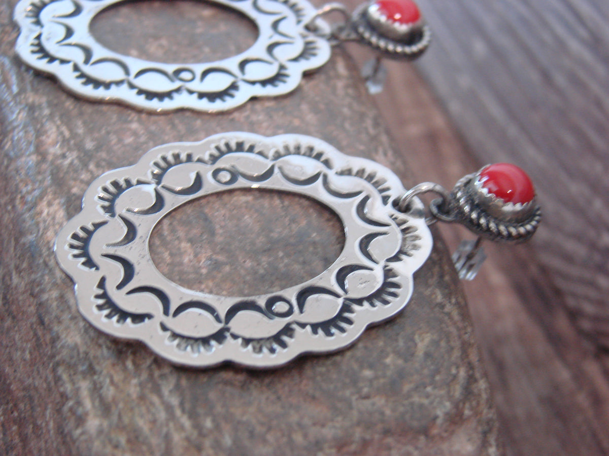 Native American Nickel Silver & Coral Dangle Post Earrings - Cleveland