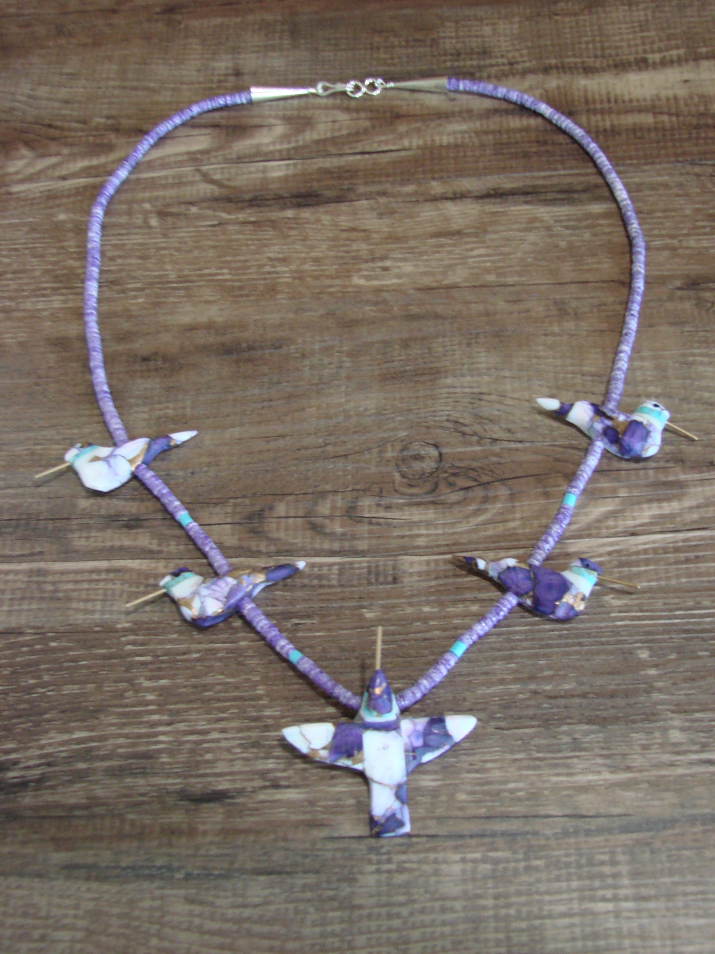 Hand Carved Bronze Purple Turquoise Aggregate Hummingbird Fetish Necklace - Mitchell
