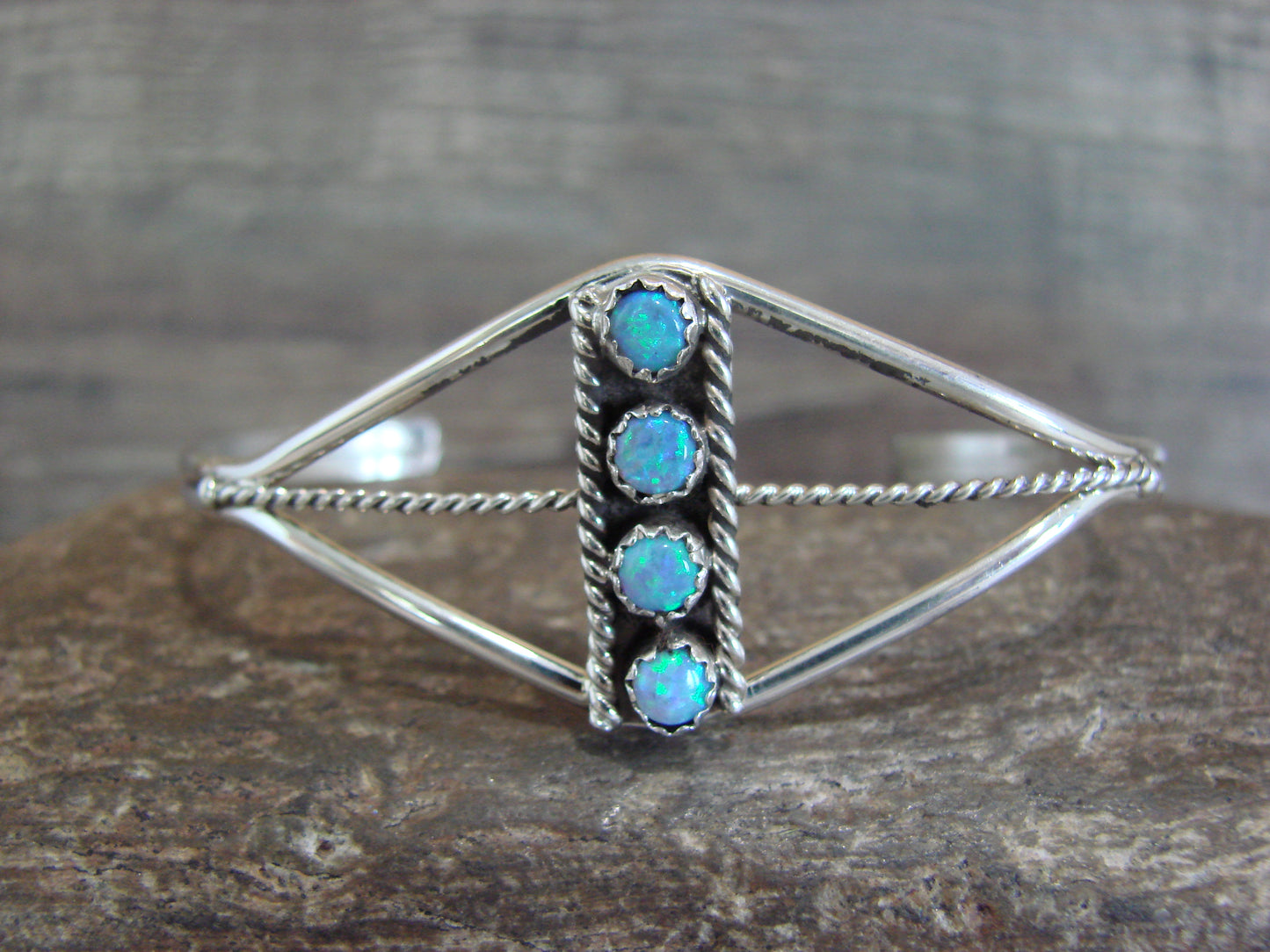 Native American Sterling Silver Blue Opal Inlay Row Bracelet - Spencer