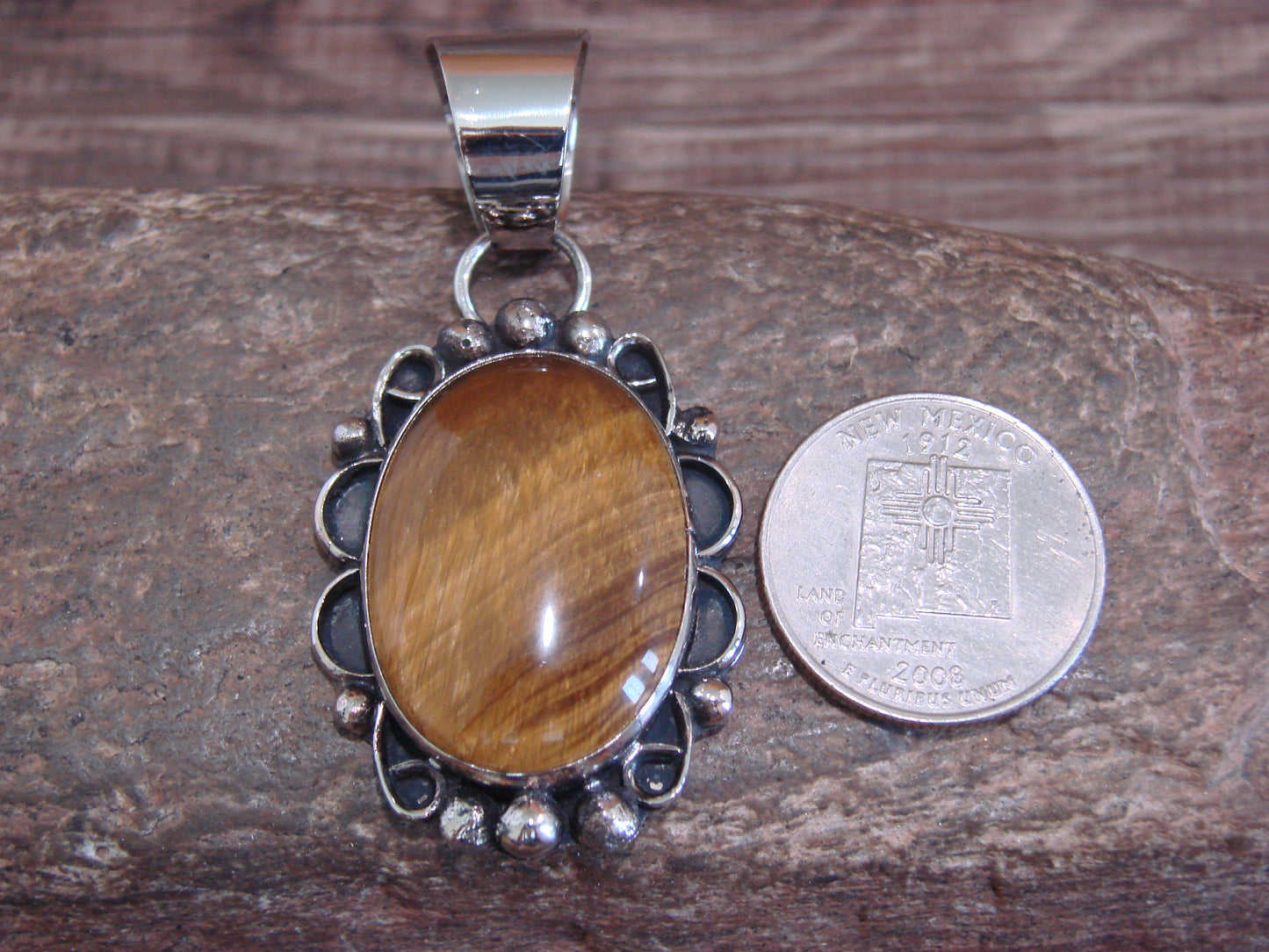 Native American Navajo Nickel Silver & Tiger Eye Pendant - Cleveland