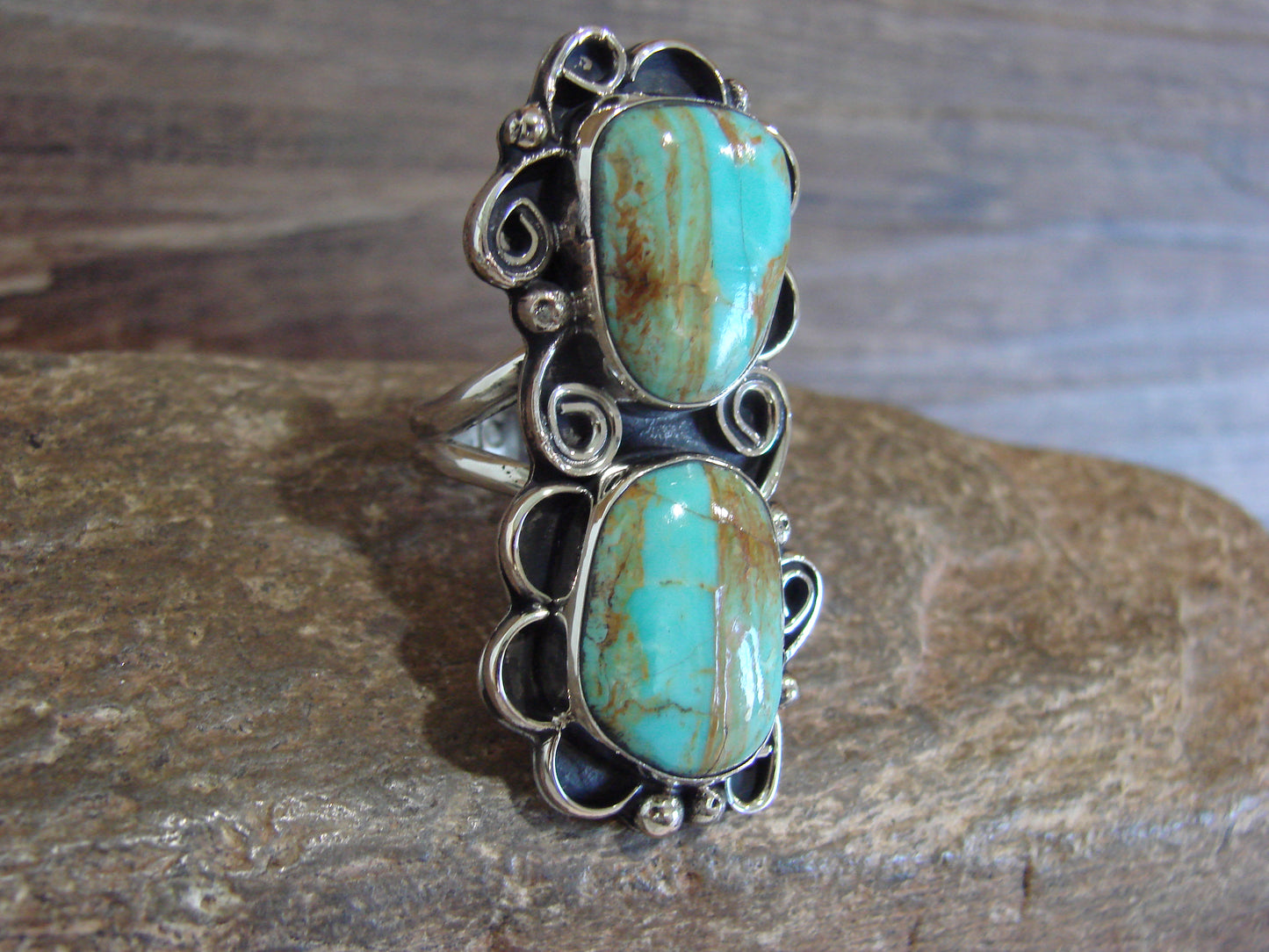 Native American Nickel Silver & Turquoise Ring by Cleveland - Size 10