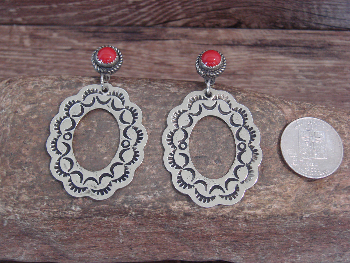 Native American Nickel Silver & Coral Dangle Post Earrings - Cleveland