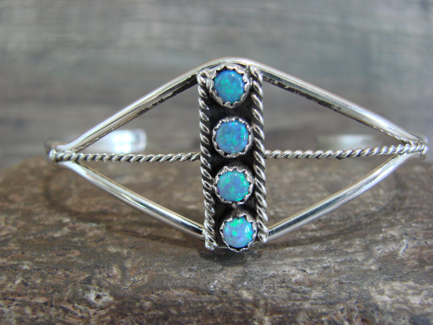Native American Sterling Silver Blue Opal Inlay Row Bracelet - Spencer