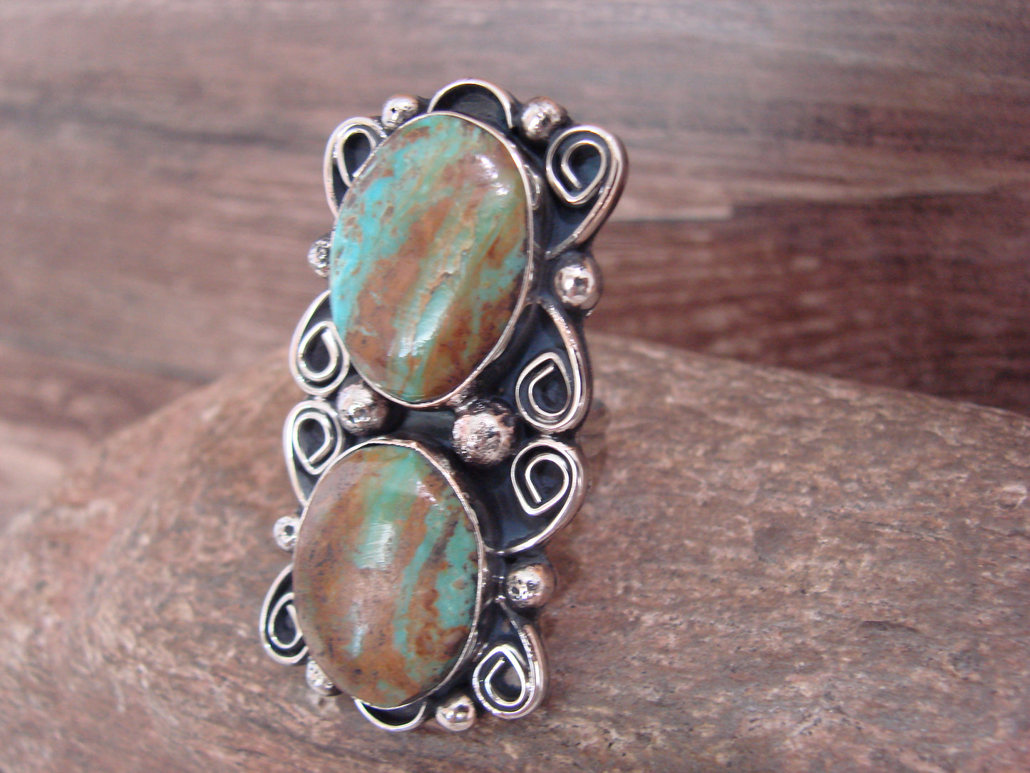 Native American Nickel Silver & Turquoise Adjustable Ring by Cleveland - Size 8 - 10