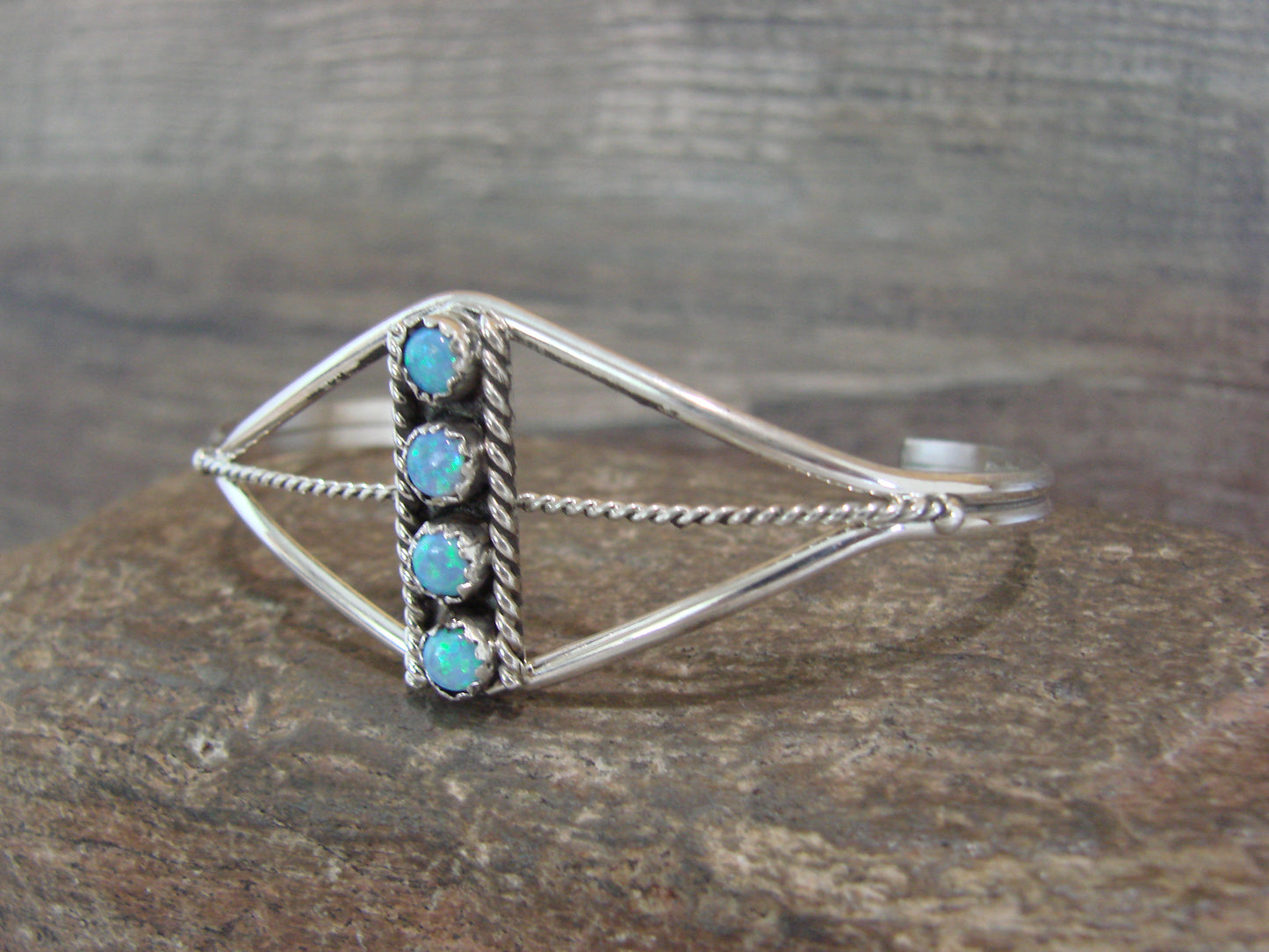 Native American Sterling Silver Blue Opal Inlay Row Bracelet - Spencer