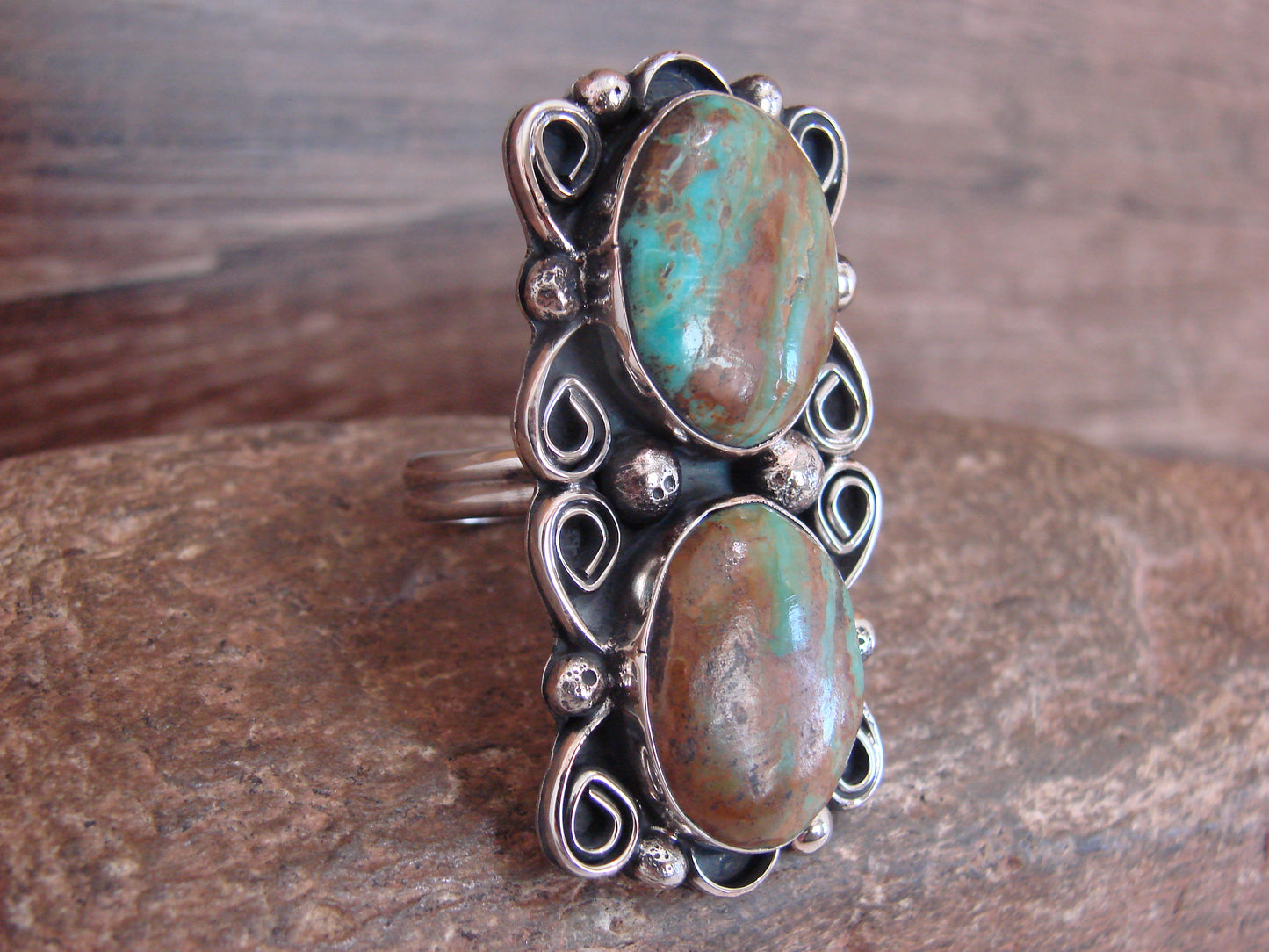 Native American Nickel Silver & Turquoise Adjustable Ring by Cleveland - Size 8 - 10