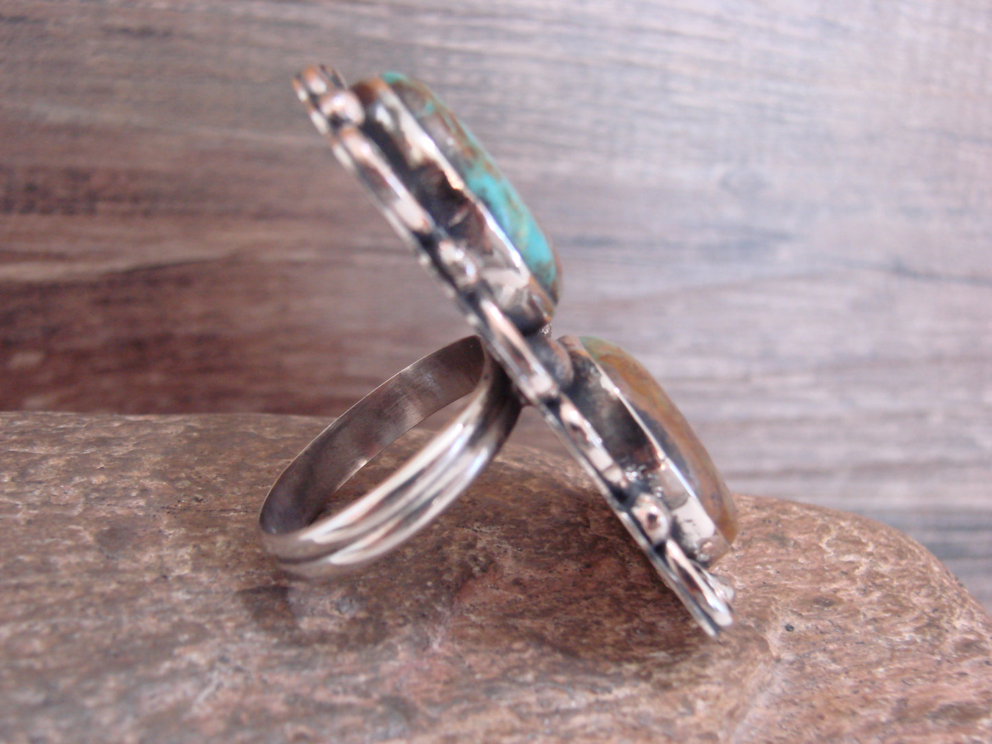 Native American Nickel Silver & Turquoise Adjustable Ring by Cleveland - Size 8 - 10