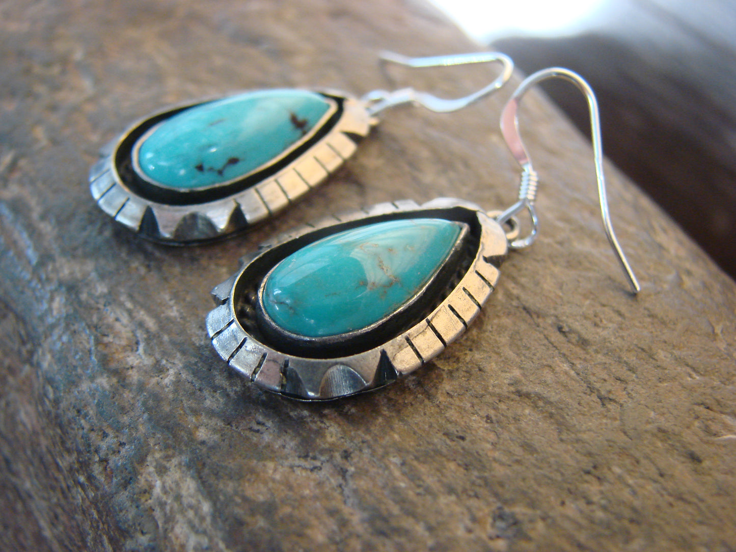 Native American Sterling Silver Shadowbox Turquoise Dangle Earrings - Begay