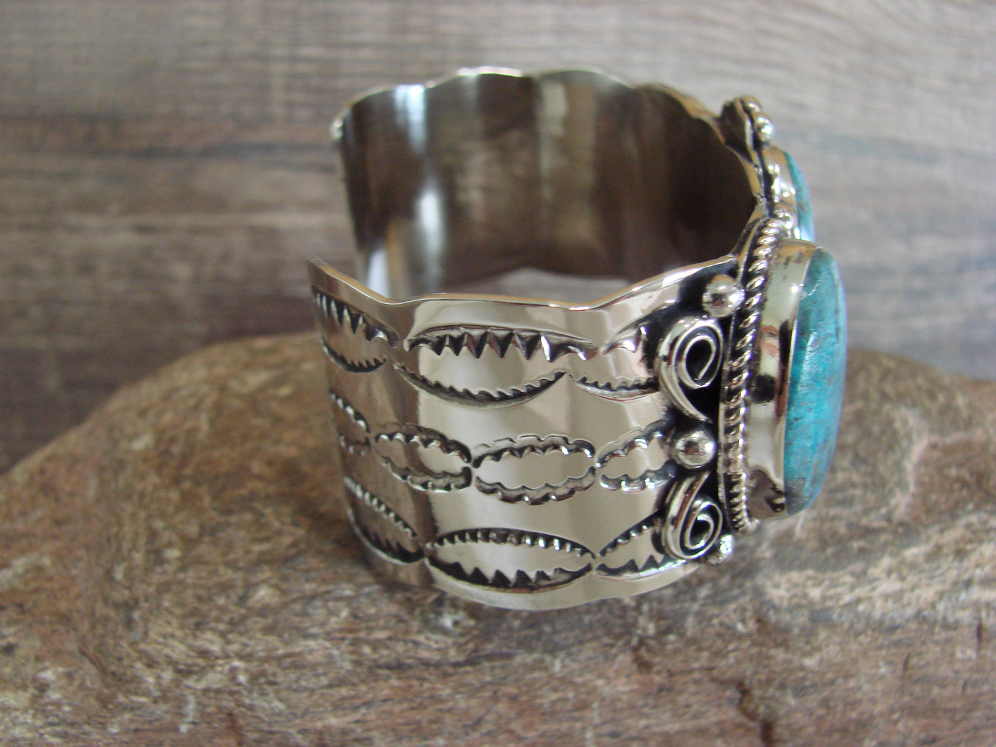 Native American Indian Nickel Silver & Turquoise Bracelet by Cleveland
