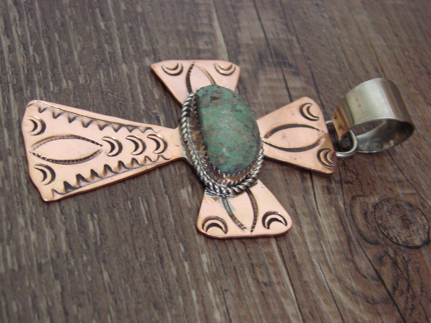 Native American Copper & Turquoise Cross Pendant by Cleveland
