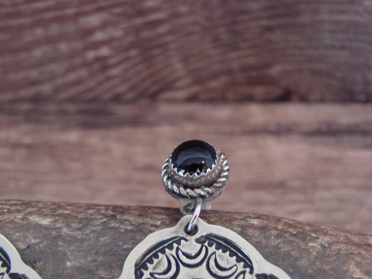 Native American Nickel Silver & Onyx Dangle Post Earrings - Cleveland