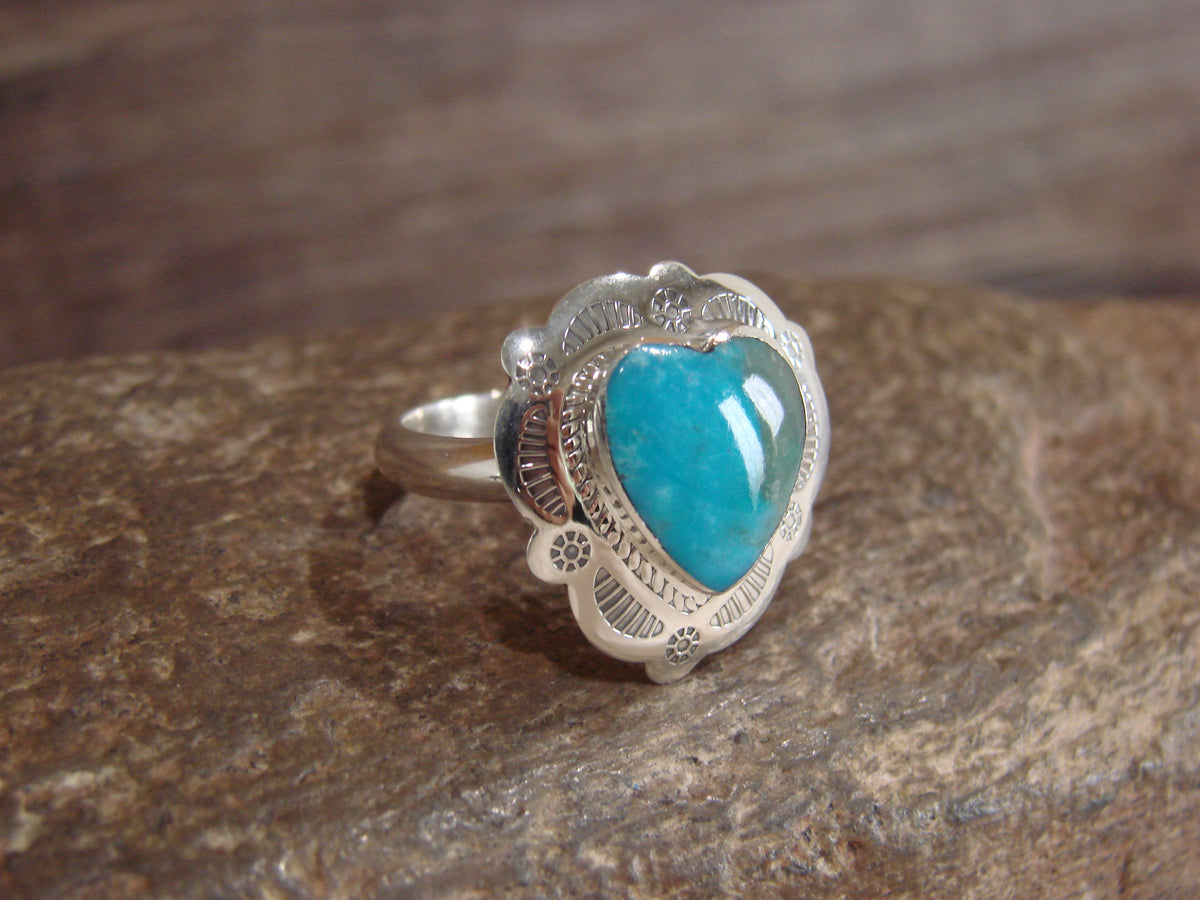Native American Sterling Silver & Turquoise Heart Ring Size 7 - 8 - Coho