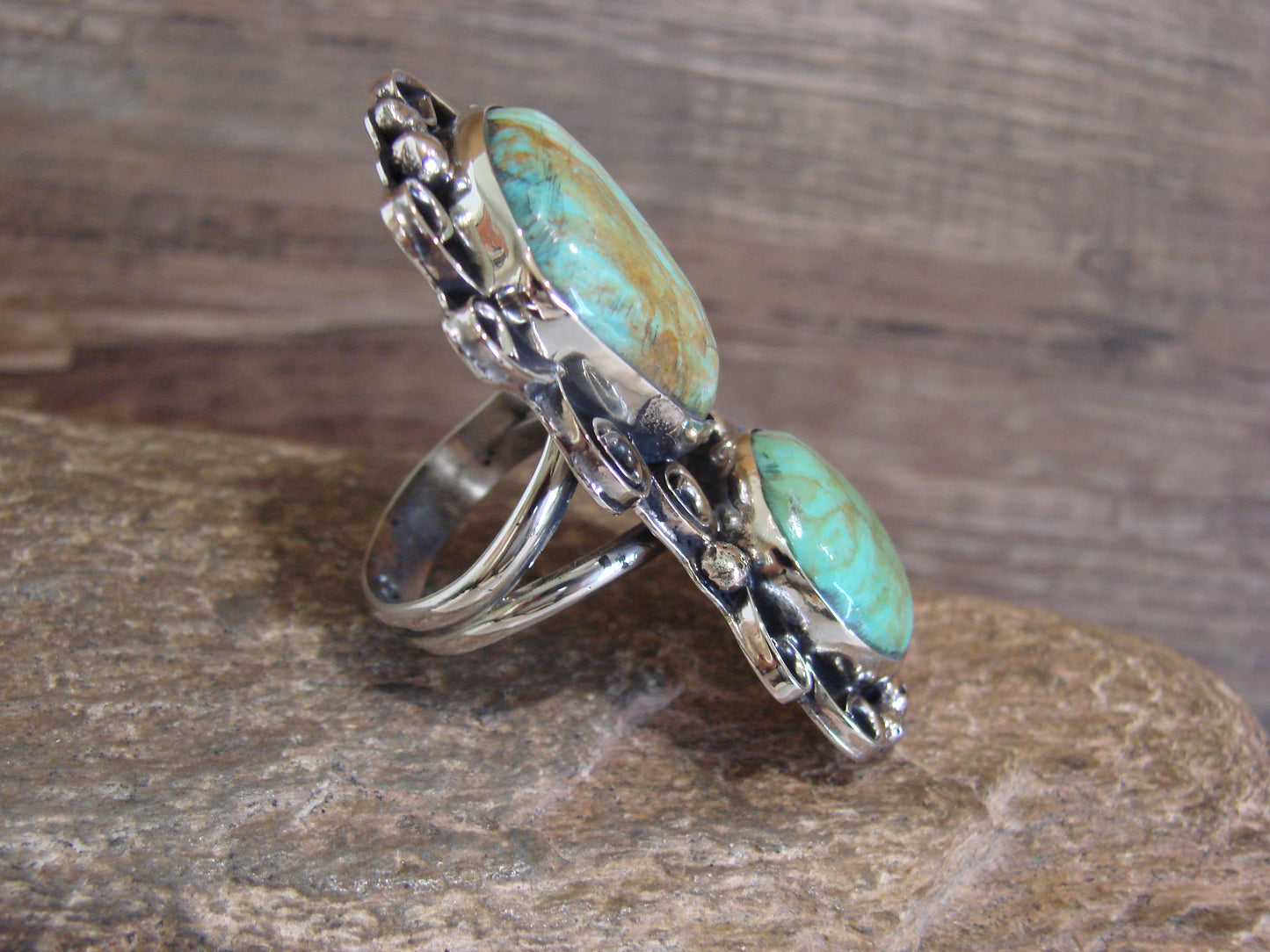 Native American Nickel Silver & Turquoise Ring by Cleveland - Size 10