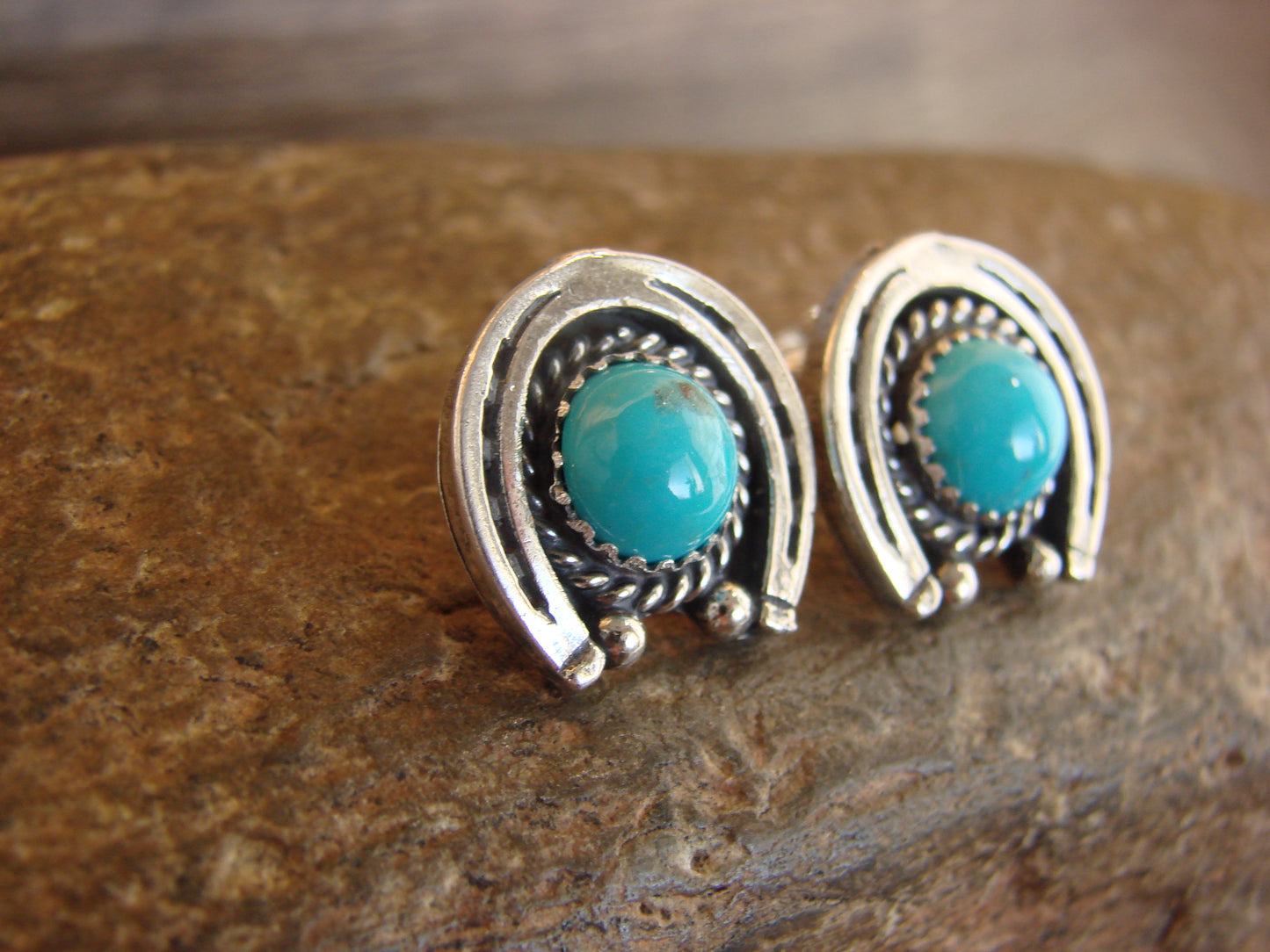 Native American Sterling Silver & Turquoise Horse Shoe Post Earrings - Chiquito