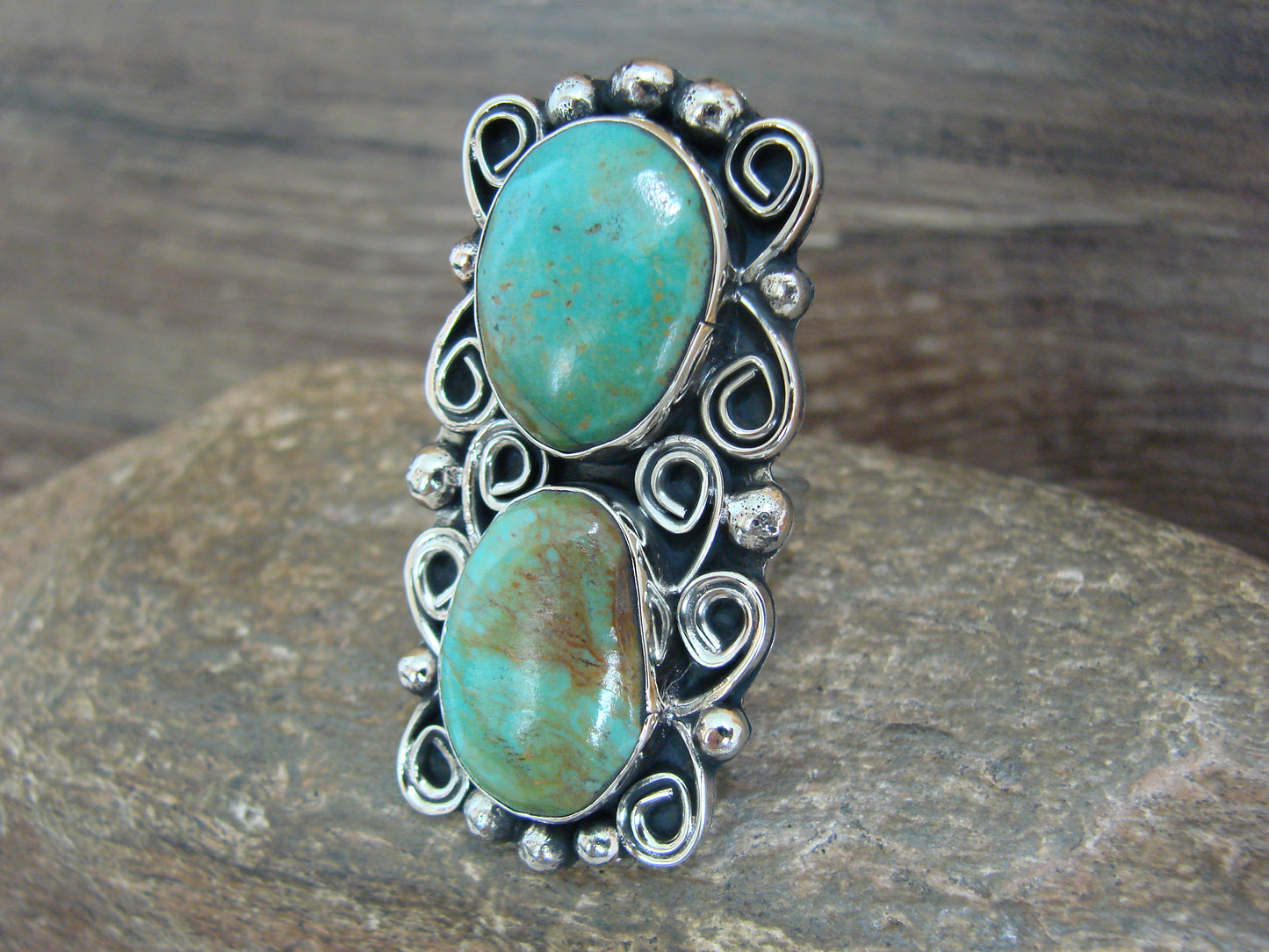 Native American Nickel Silver & Turquoise Adjustable Ring by Cleveland - Size 8 - 10