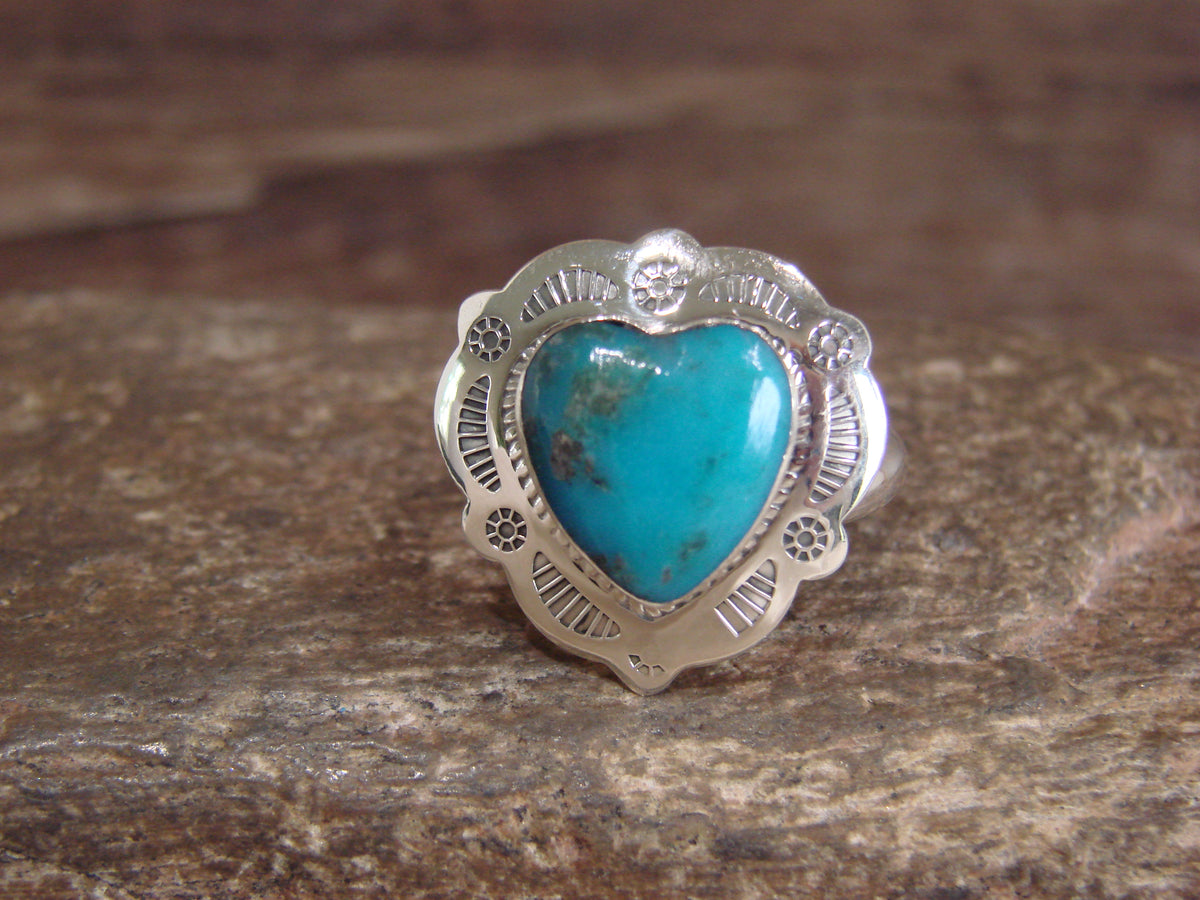 Native American Sterling Silver & Turquoise Heart Ring Size 7 - 8 - Coho