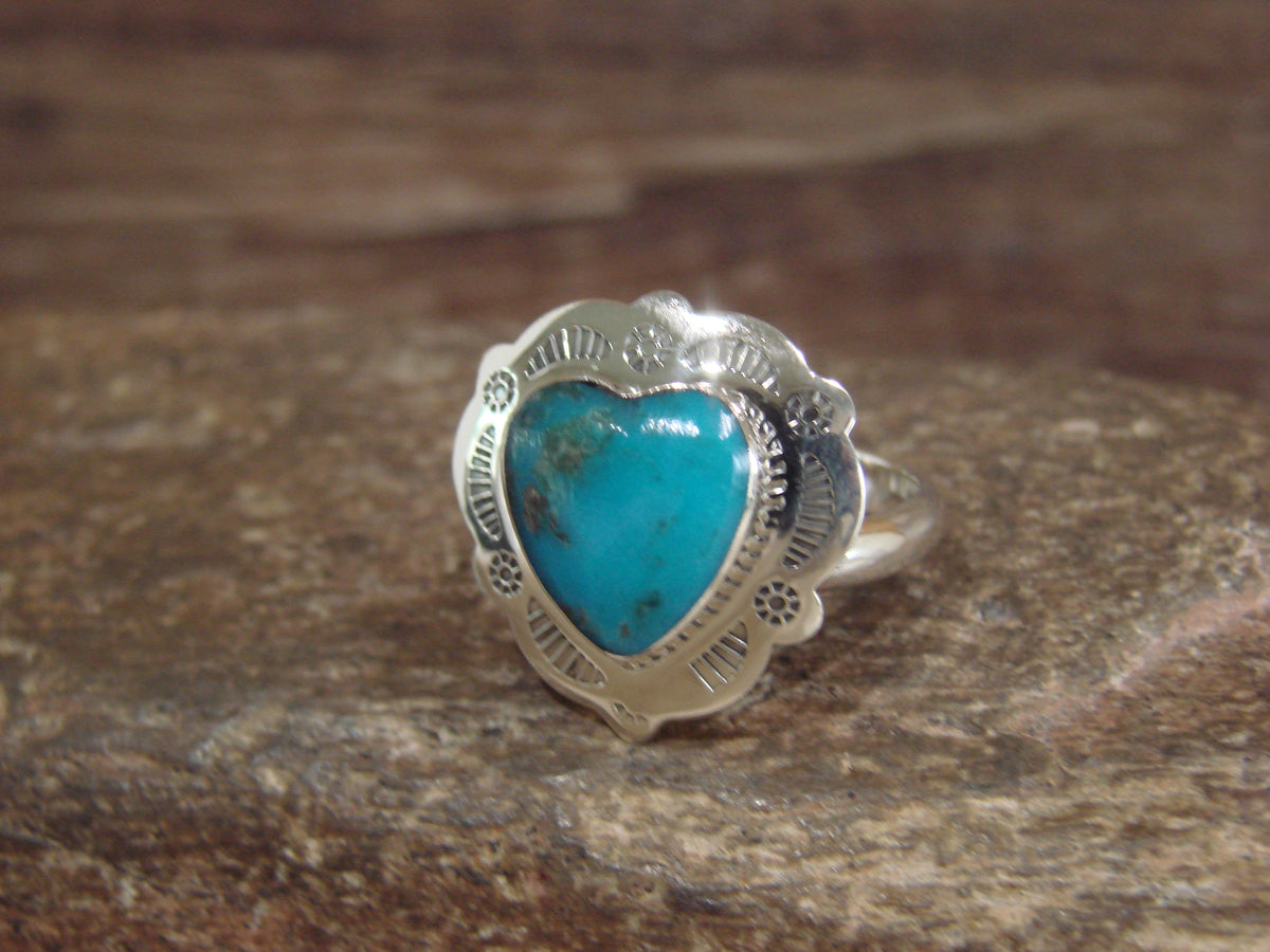 Native American Sterling Silver & Turquoise Heart Ring Size 7 - 8 - Coho