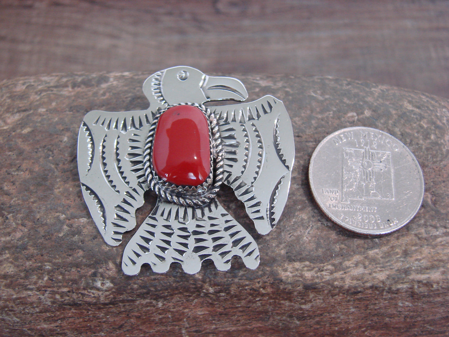 Native American Nickel Silver & Coral Thunderbird Pin - Cleveland