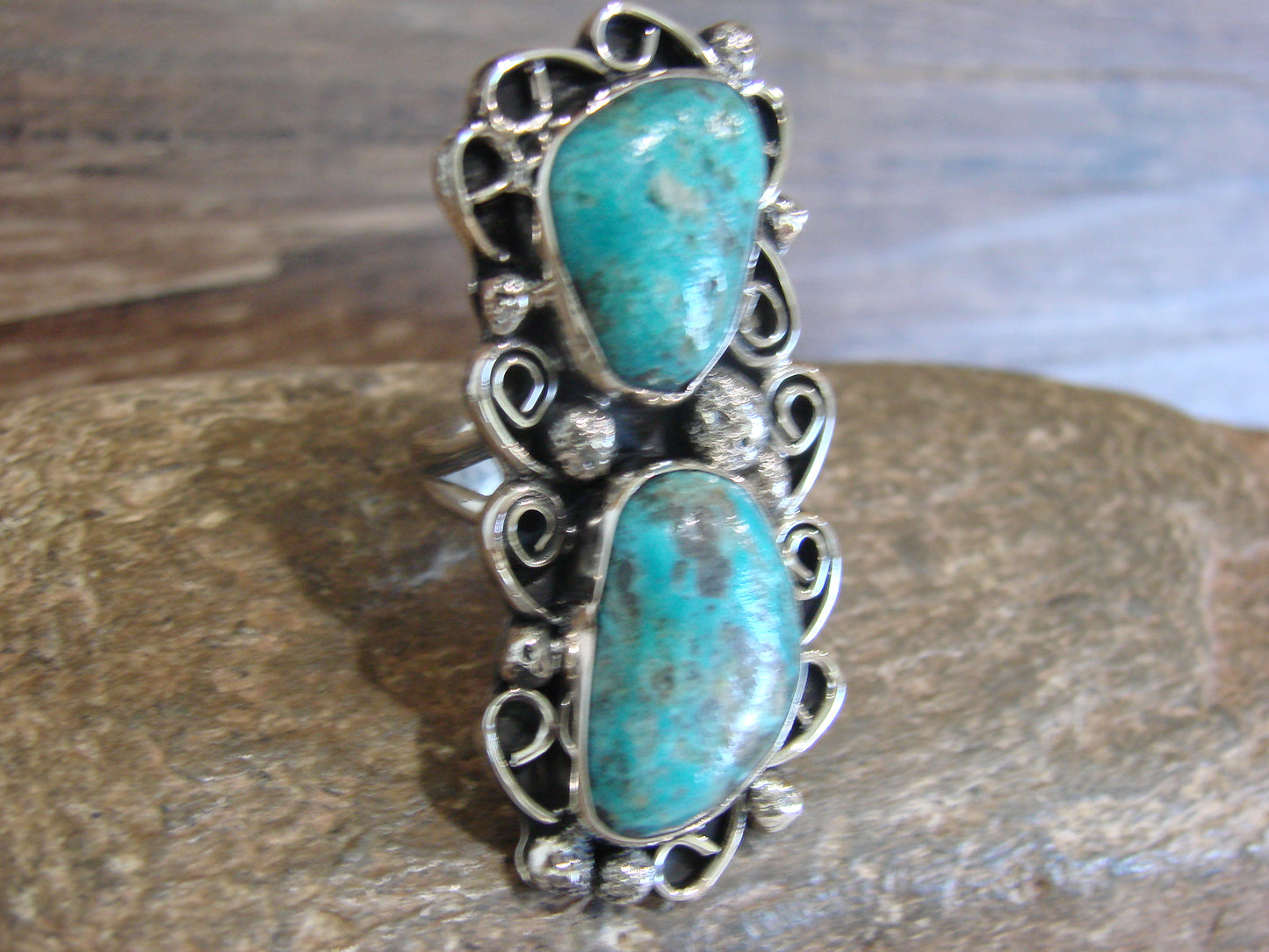 Native American Nickel Silver & Turquoise Ring by Cleveland - Size 9