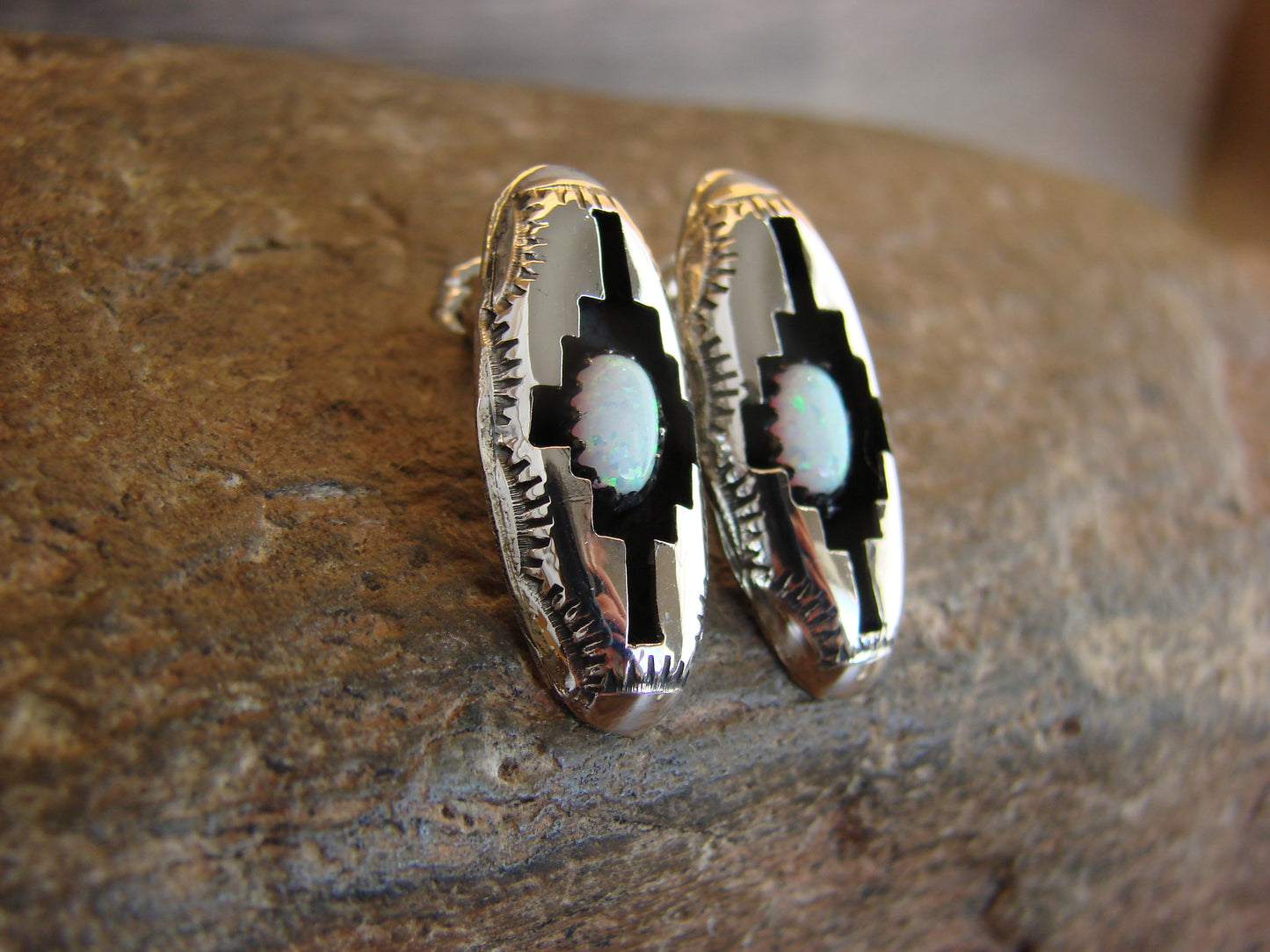 Native American Sterling Silver Shadowbox White Opal Post Earrings - Perry
