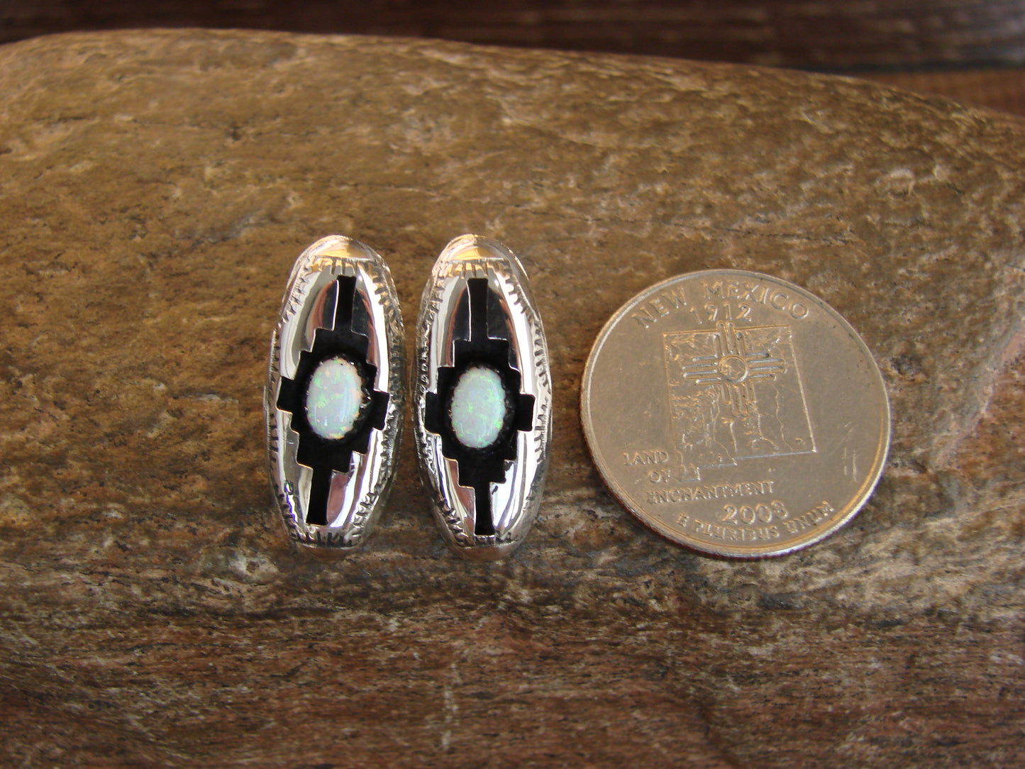 Native American Sterling Silver Shadowbox White Opal Post Earrings - Perry