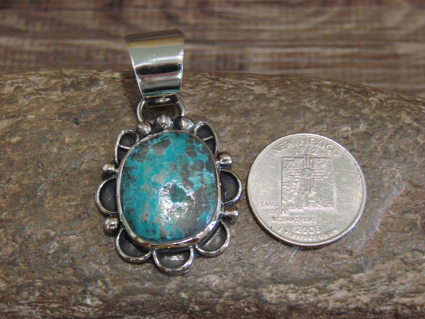 Native American Navajo Nickel Silver & Turquoise Pendant - Cleveland