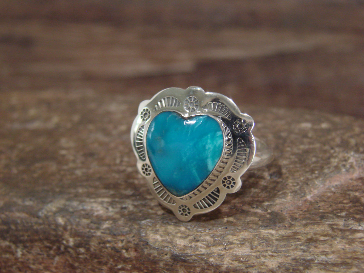 Native American Sterling Silver & Turquoise Heart Ring Size 7 - 8 - Coho