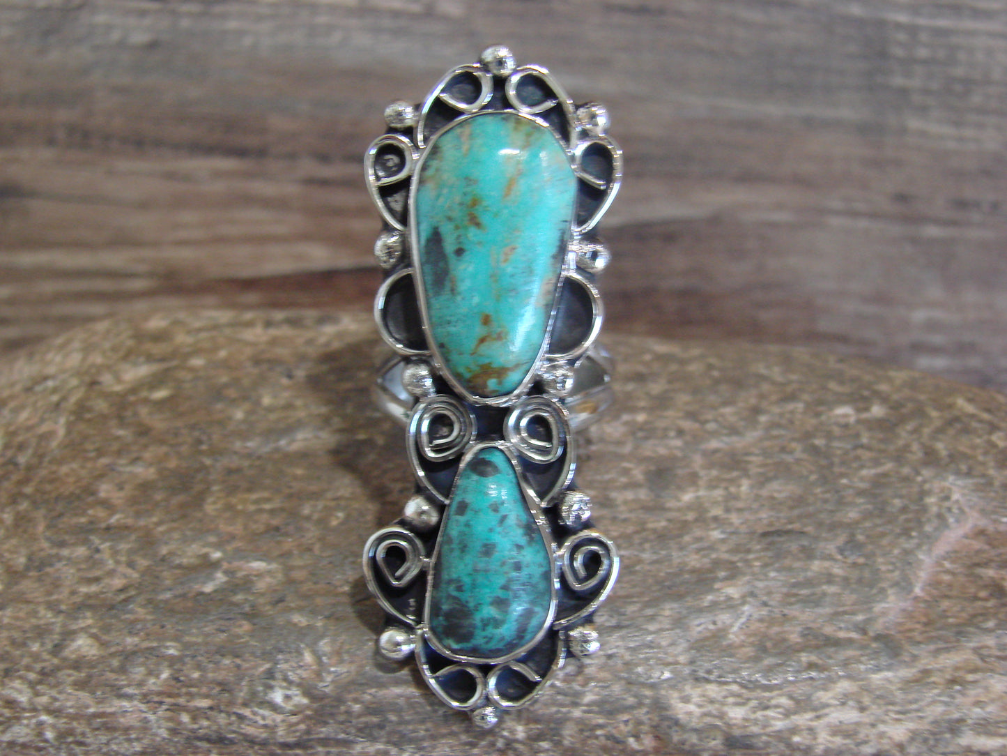 Native American Nickel Silver & Turquoise Ring by Cleveland - Size 10