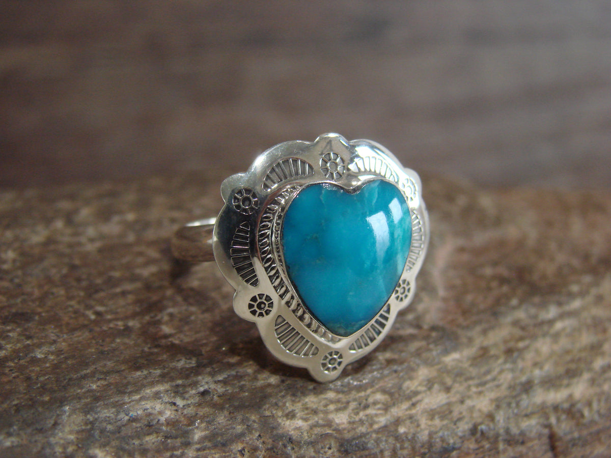 Native American Sterling Silver & Turquoise Heart Ring Size 7 - 8 - Coho