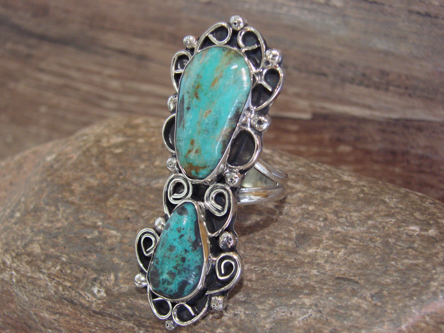 Native American Nickel Silver & Turquoise Ring by Cleveland - Size 10