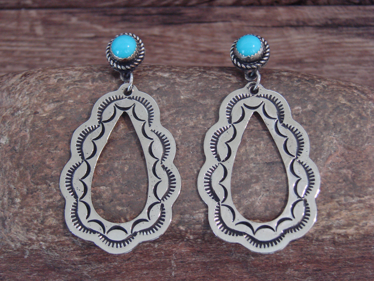 Native American Nickel Silver & Turquoise Dangle Post Earrings - Cleveland