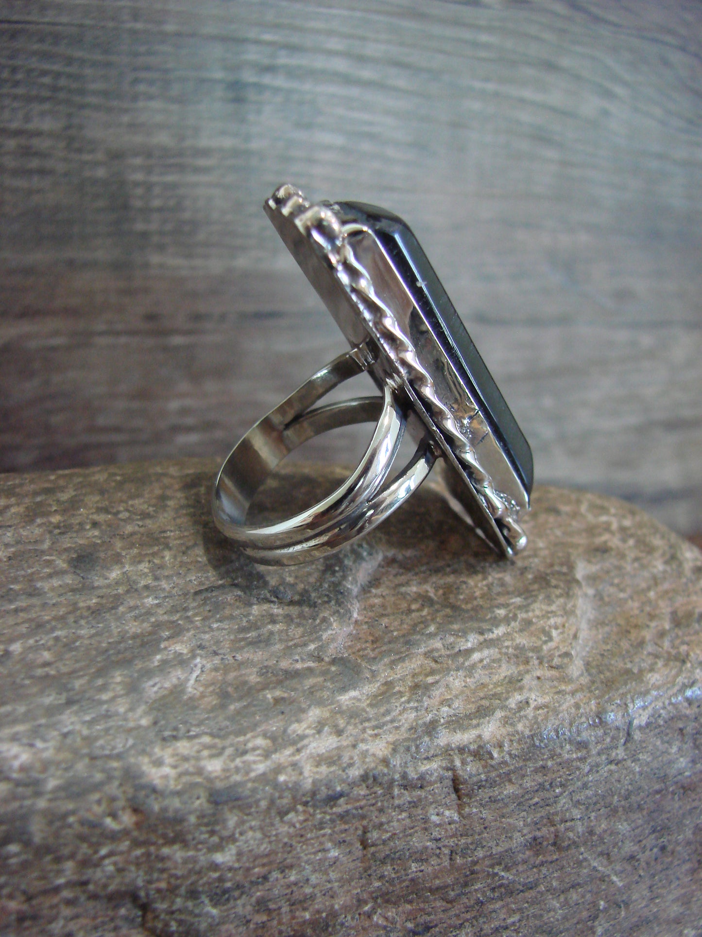 Native American Nickel Silver & Onyx Ring Size 9.5 - Cleveland