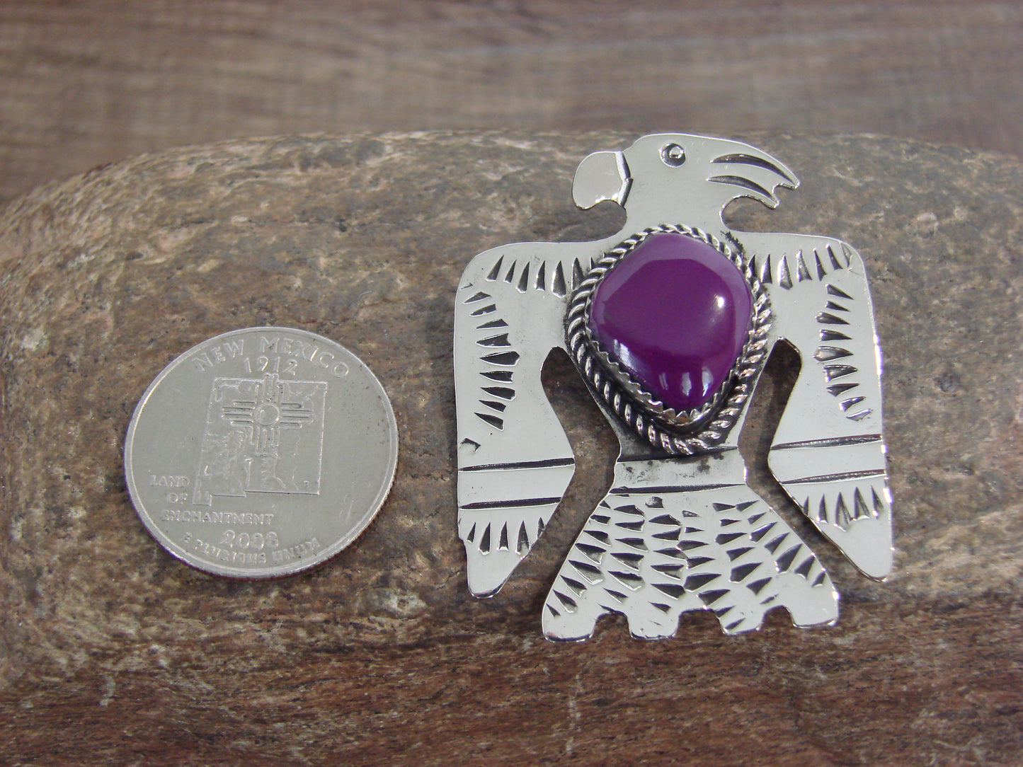Native American Nickel Silver & Purple Spiny Oyster Parrot Pin - Cleveland