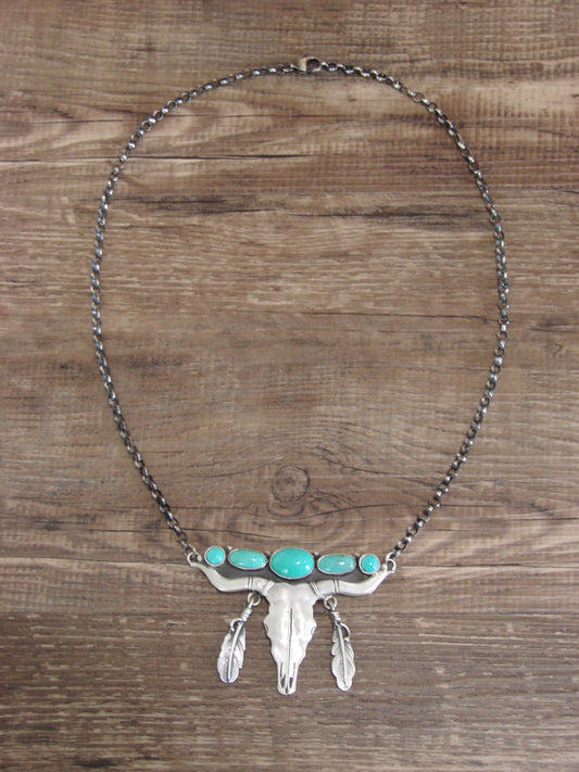 Native American Sterling Silver & Turquoise Long Horn Necklace Signed Sam