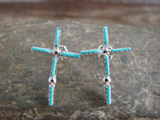 Native American Sterling Silver Turquoise Cross Post Earrings - Pinto