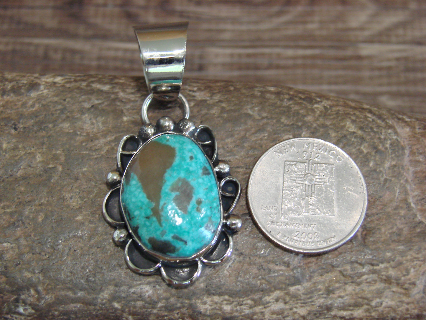 Native American Navajo Nickel Silver & Turquoise Pendant - Cleveland