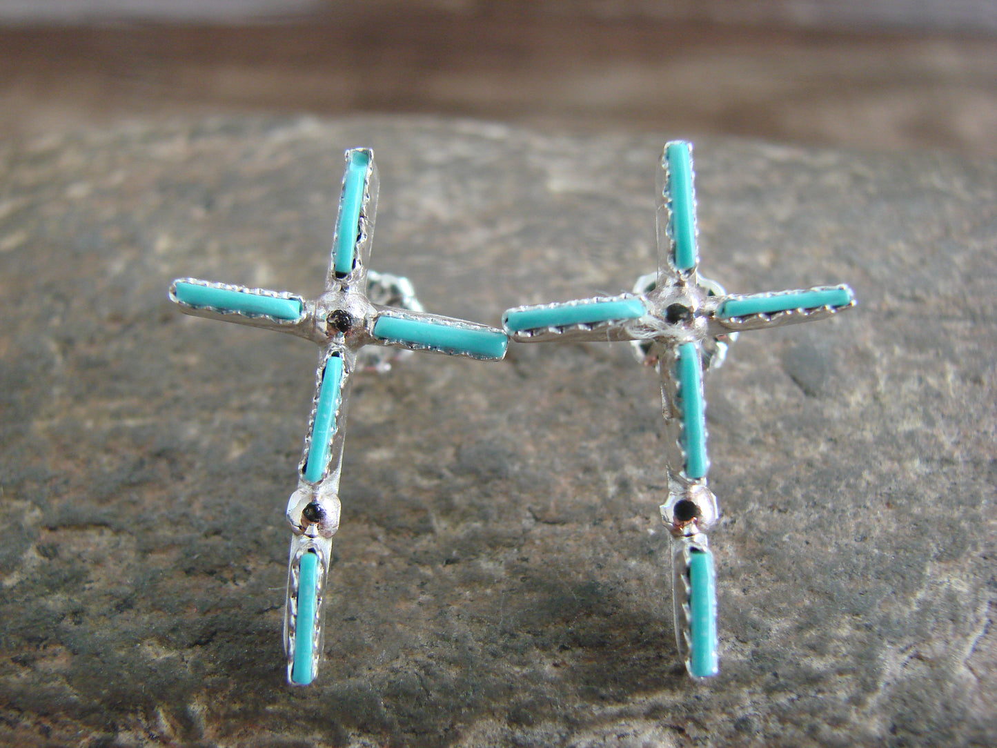Native American Sterling Silver Turquoise Cross Post Earrings - Pinto