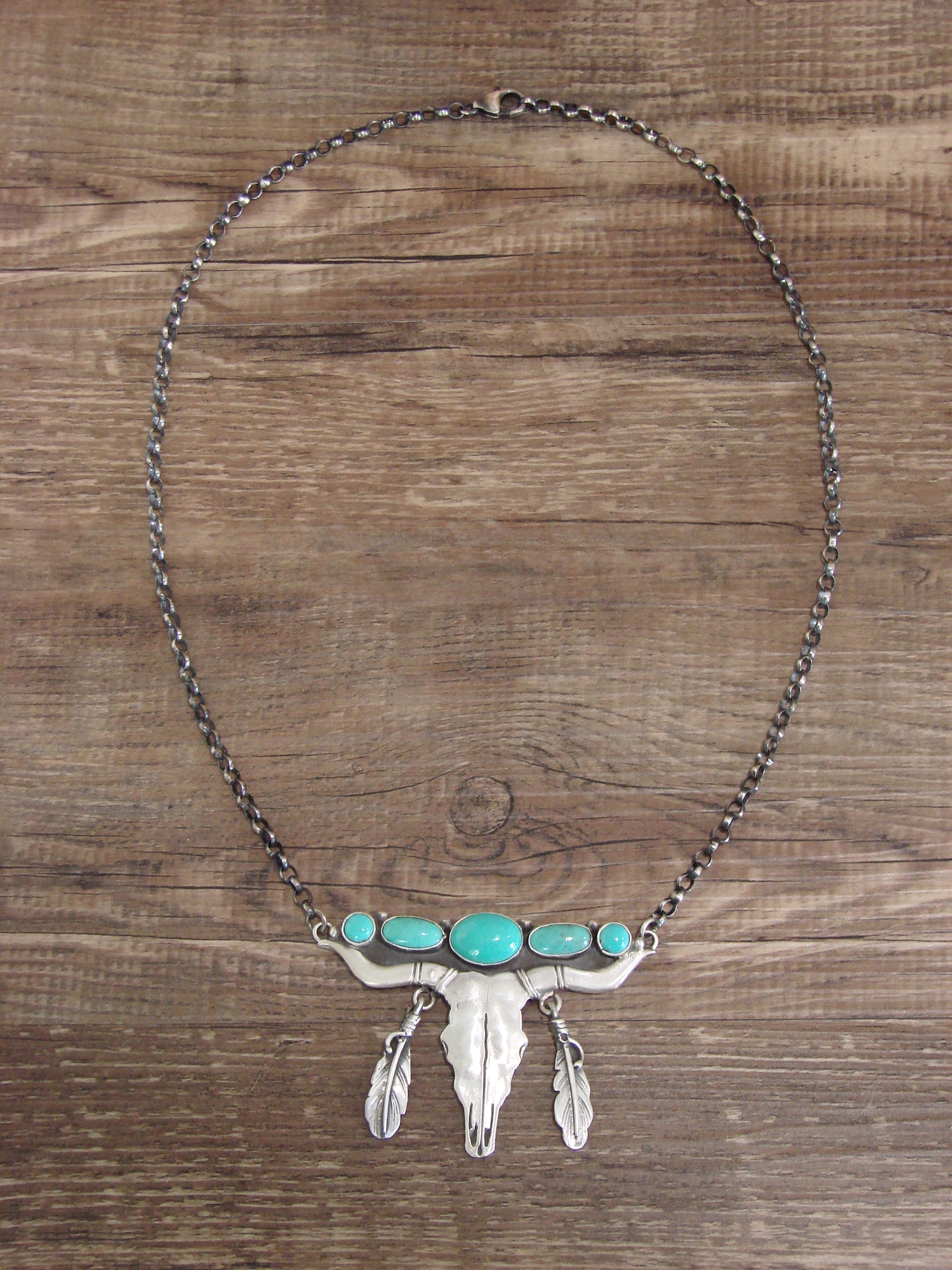 Native American Sterling Silver & Turquoise Long Horn Necklace Signed Sam