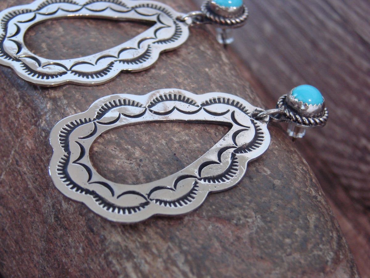 Native American Nickel Silver & Turquoise Dangle Post Earrings - Cleveland