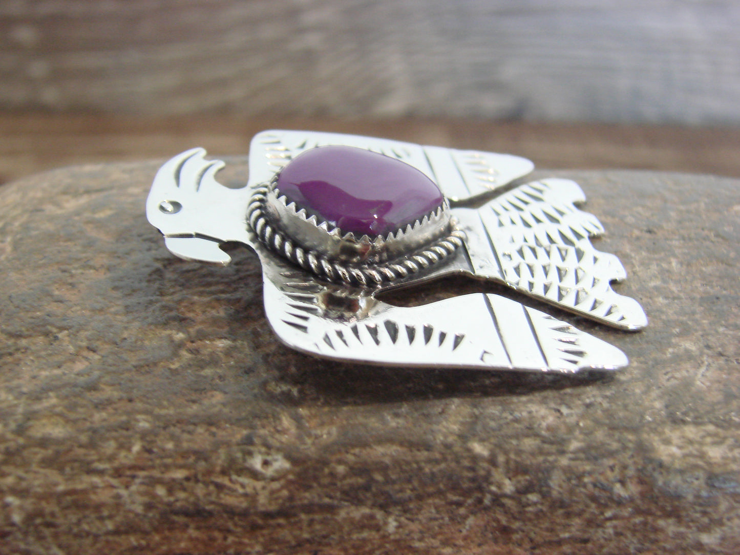 Native American Nickel Silver & Purple Spiny Oyster Parrot Pin - Cleveland