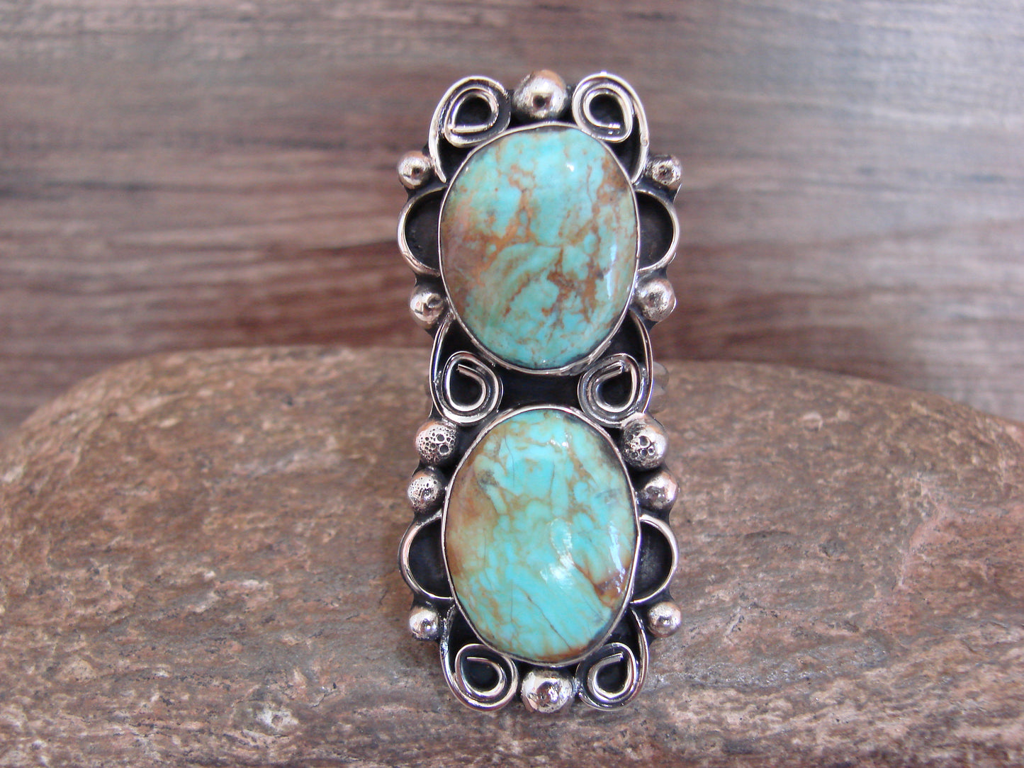 Native American Nickel Silver & Turquoise Adjustable Ring by Cleveland - Size 8 - 10