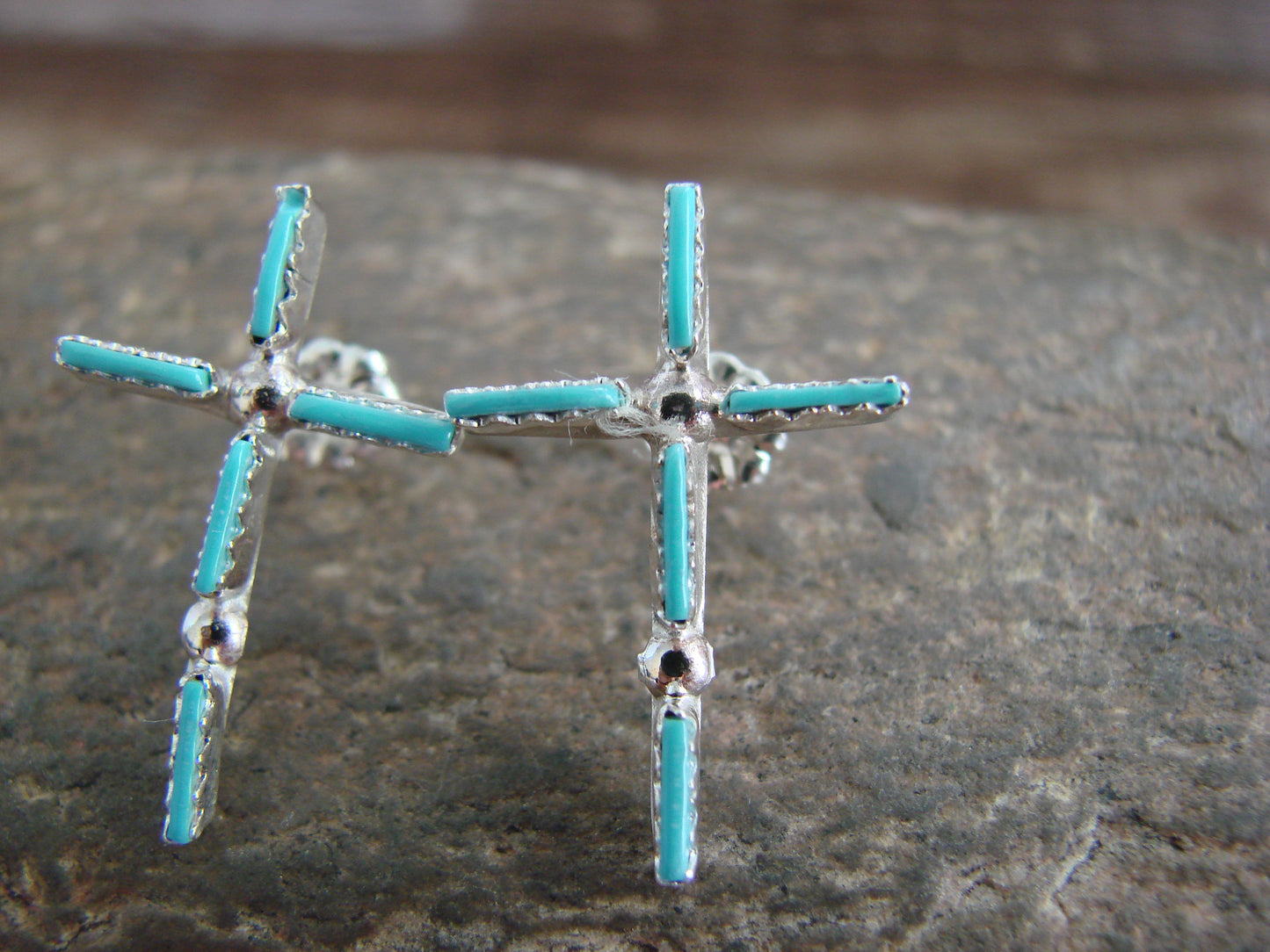 Native American Sterling Silver Turquoise Cross Post Earrings - Pinto