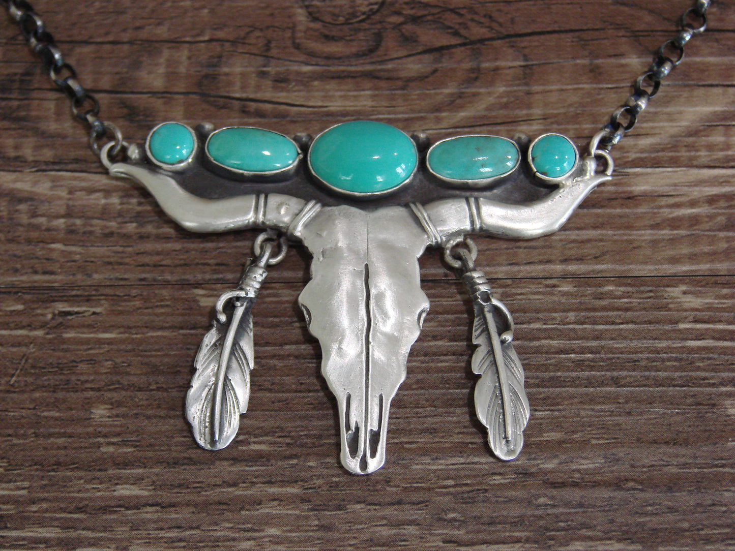 Native American Sterling Silver & Turquoise Long Horn Necklace Signed Sam